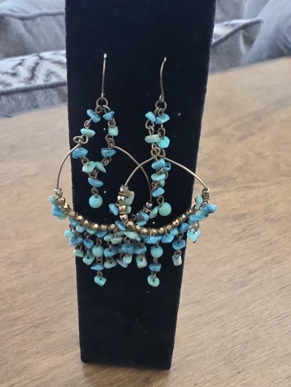 Buckle Turquoise Dangle Hoop Earrings with Antique Gold Accents